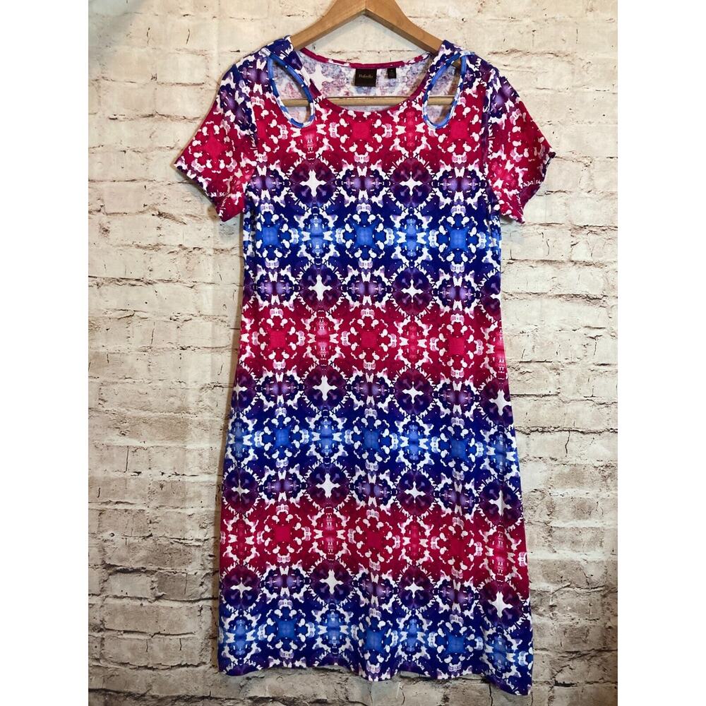 Rafaella T-Shirt Dress Womens Medium Pink Navy Tie Dye Watercolor Cutout Stretch